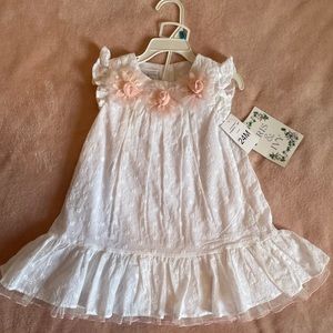 White eyelet dress with pink flowers. 2 piece set with bloomers size 24M